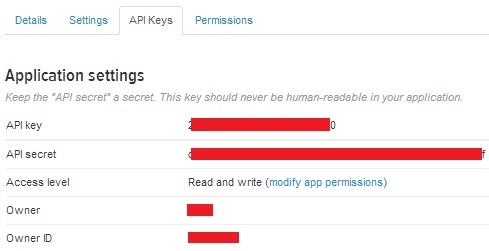 Application settings for a Twitter application