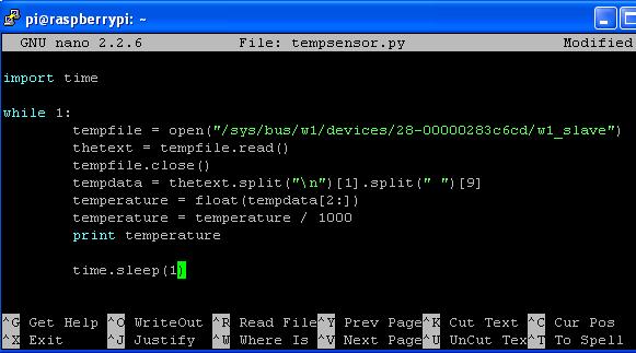 Python script to read temperature from ds18b20 1-wire temperature sensor every second and display it.