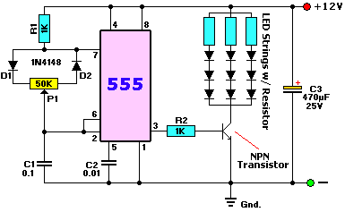NE555 controlled PWM LED dimmer circuit