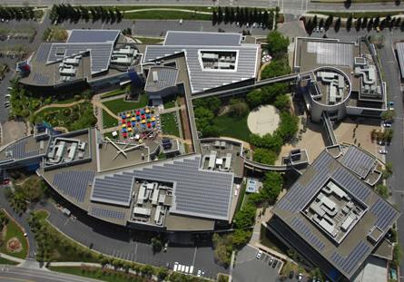 Solar panels installed on roofs of Googleplex