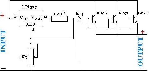 Adjustable high current power supply with LM317 voltage regulator