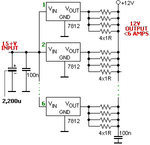Connecting 7812's in parallel with load balancing 0.25 Ohm resistors series connected to the outputs - 6 Amp 12 V regulated.