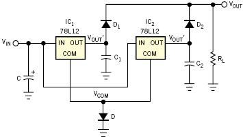 Two LM7812 voltage regulators connected in parallel for a maximum output current of 2 Amp
